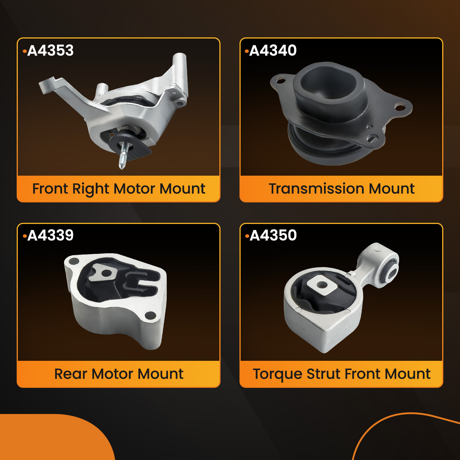 thumbnail interactive-video image 1 of 4-Piece Engine Motor & Transmission Mount Set For Chevrolet Equinox & GMC Terrain 2.4L 2010-2016 1 of 3