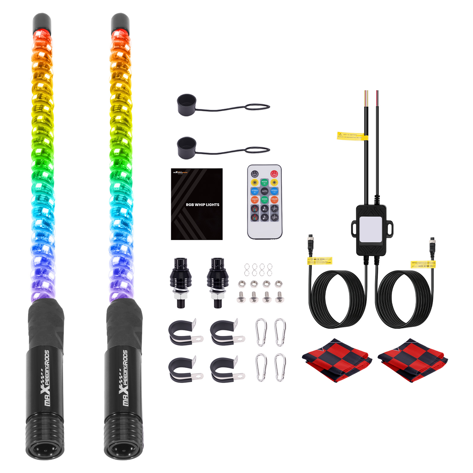 2Pcs 2FT RGB Spiral LED Whip Lights Antenna Chase + Flag&Remote for ATV UTV