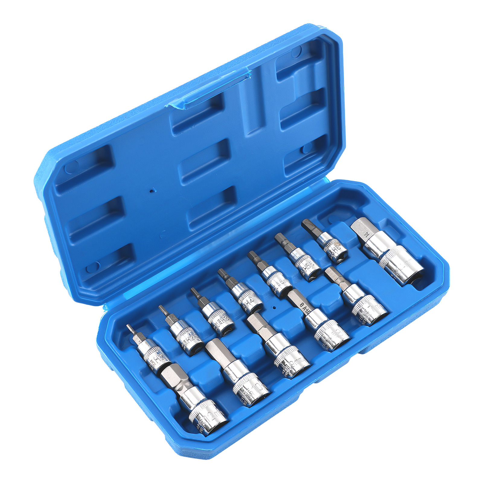 CRV Metric Hex Socket Bits 13 Pieces 1/4 3/8 1/2 Drive 2-14mm Chrome Case