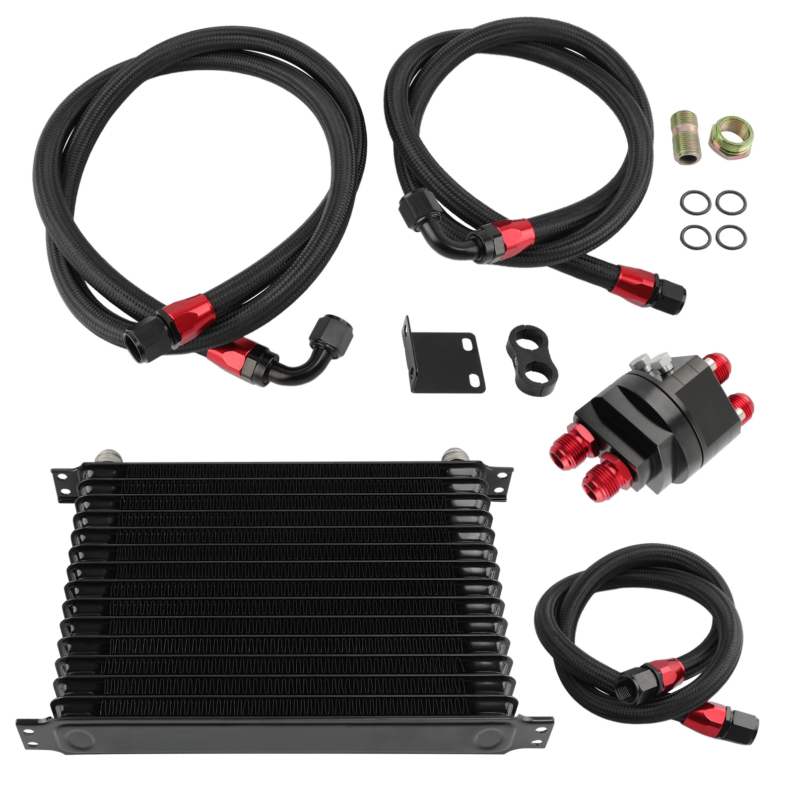 Universal Engine Oil Cooler 15-Row 10AN With Filter Adapter Hose end Kit