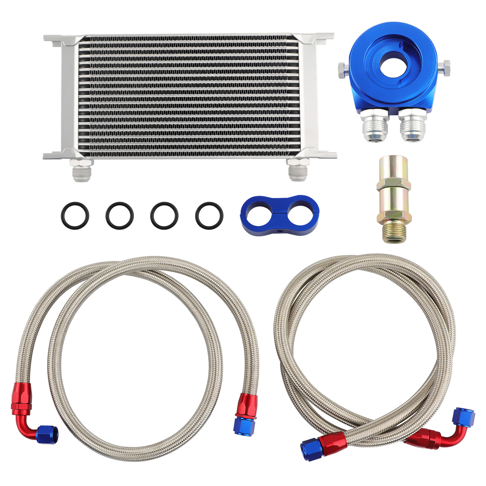 19 Row AN10 Universal Engine Oil Cooler + M20*1.5 Filter Adapter Hose Kit Silver