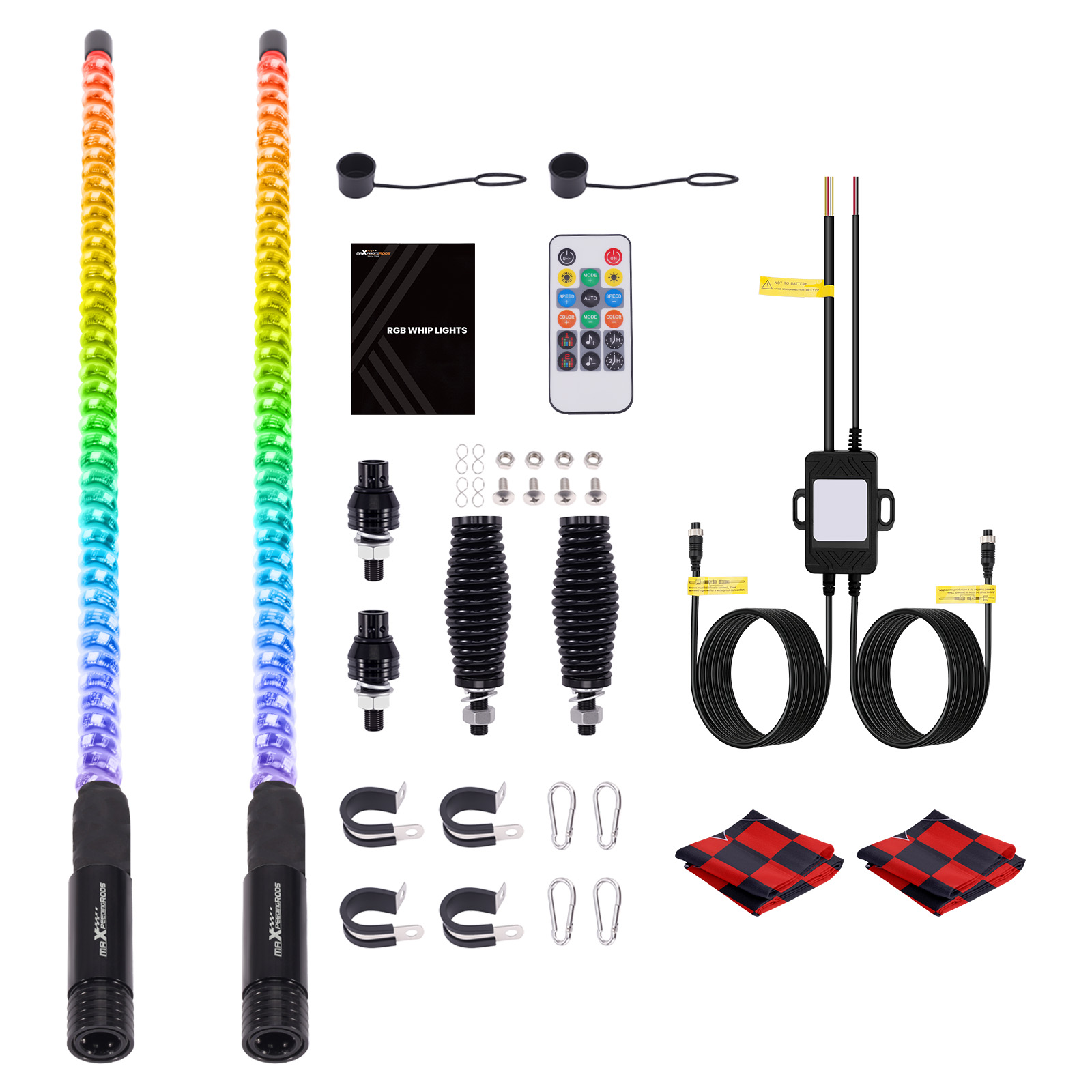 Pair 3FT Smoked Whip Lights LED RGB Antenna Chase w/Flag & Remote for UTV ATV