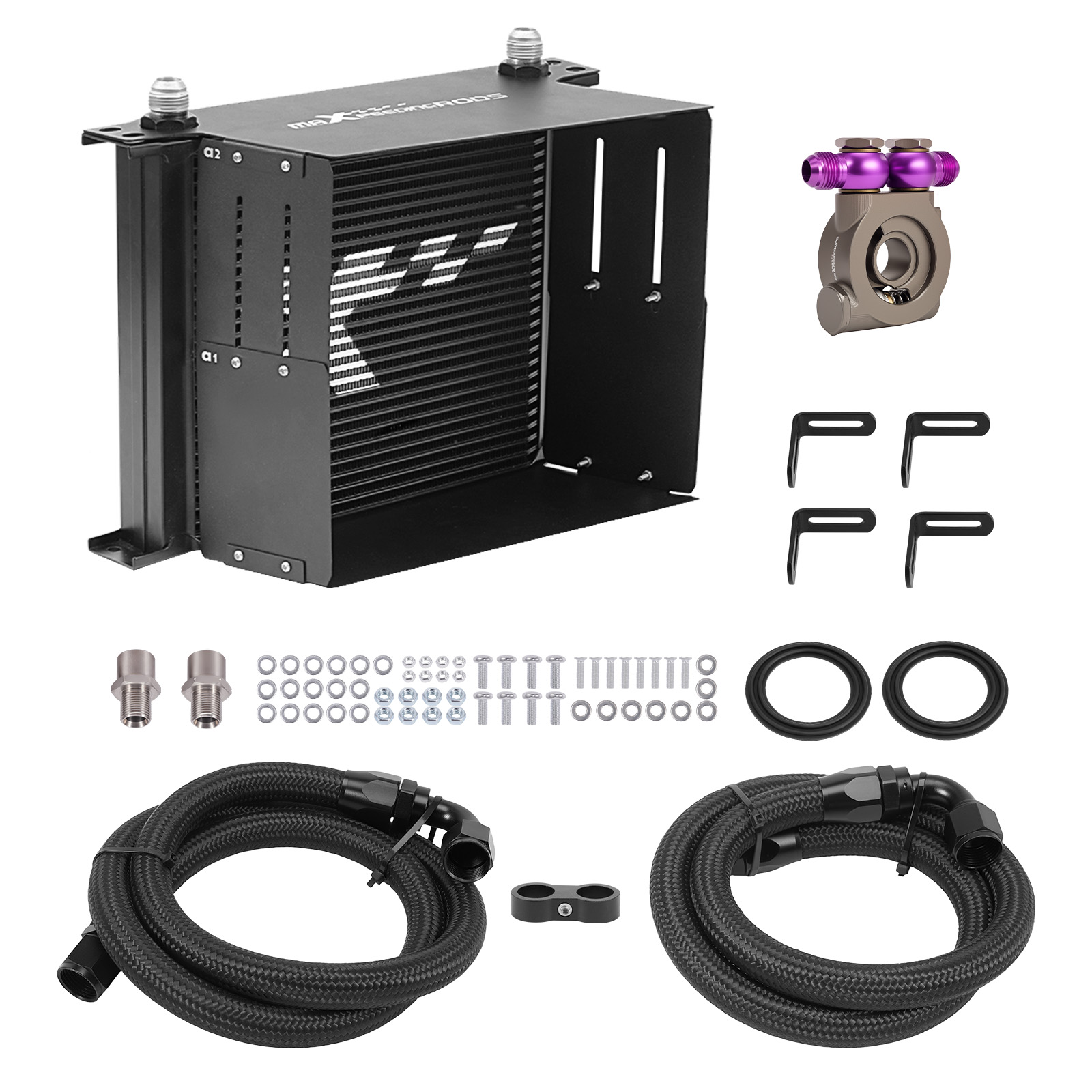 Oil Cooler Kit 30 Row Universal Transmission 10AN Aluminum Black Thermostatic