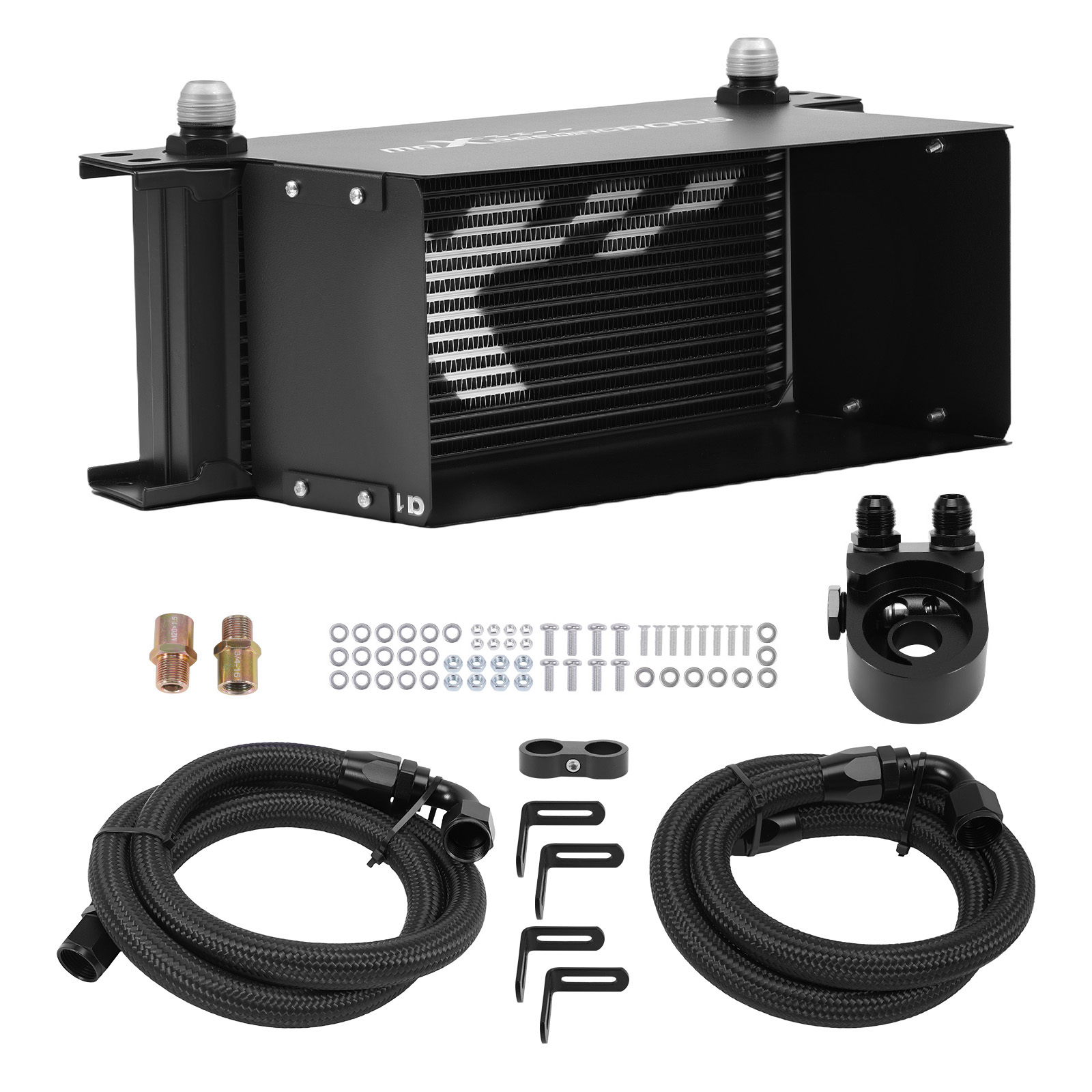 16Row Universal 10AN Aluminum Oil Cooler Transmission Engine Black Hoses