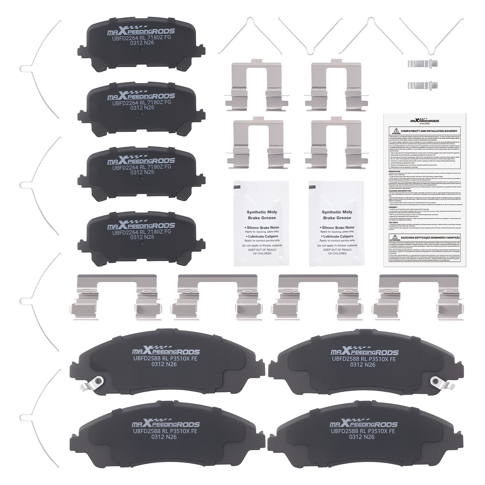 Front Rear Left&Right Brake Pads Set for Acura MDX 2014-16 Honda Ridgeline Pilot