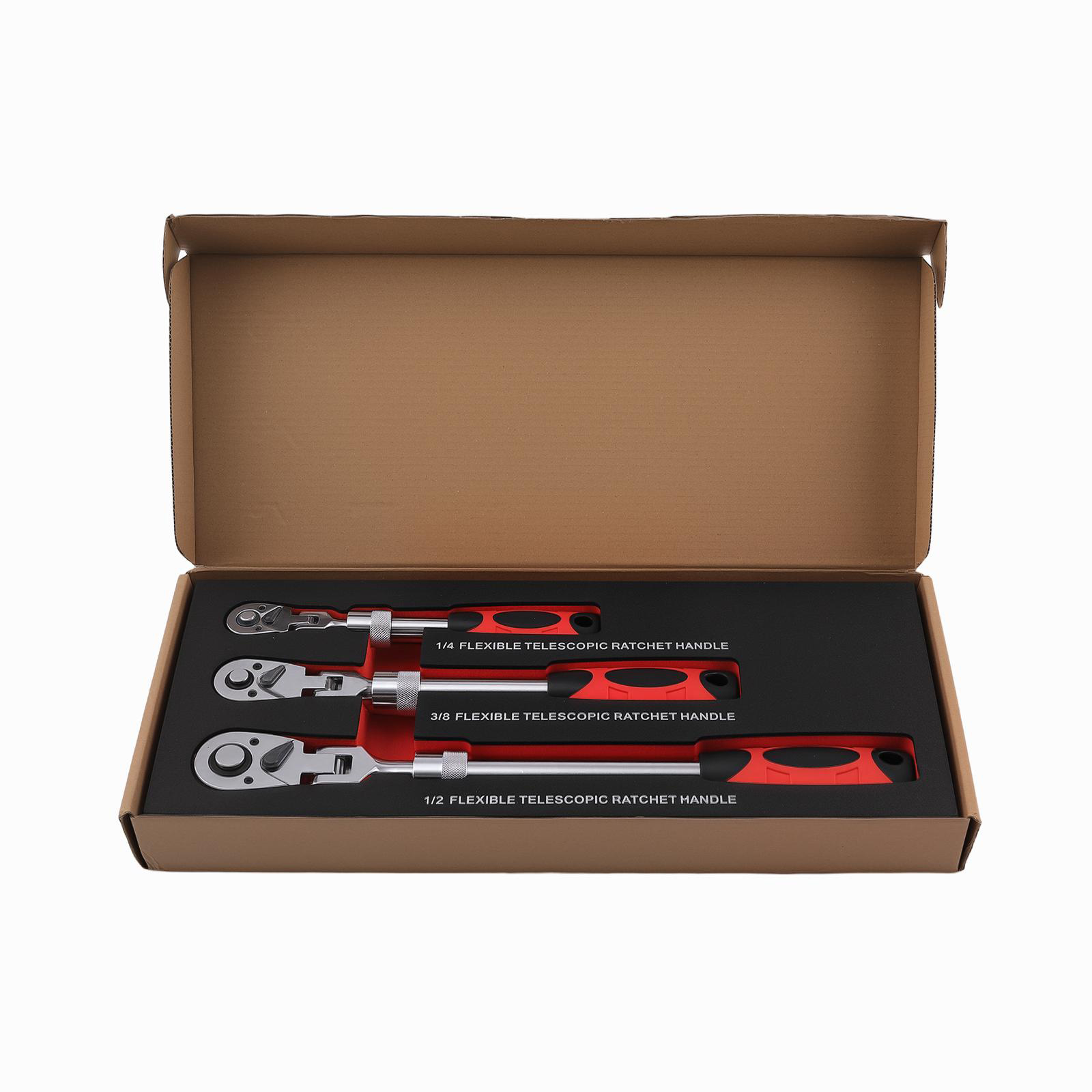 3 Piece Extendable Flex-Head Ratchet Wrench Set 1/4 3/8 1/2 Drive 72-Tooth