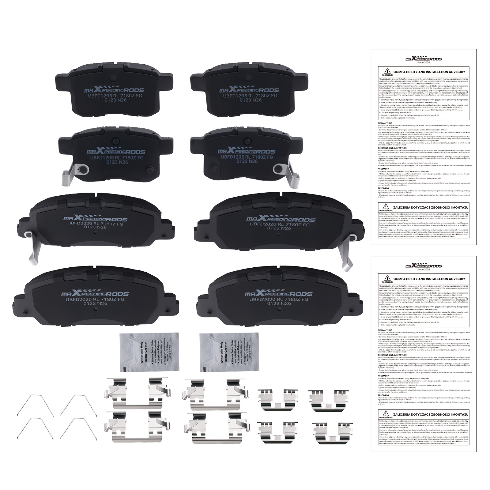 Front&Rear Ceramic Brake Pads Kit for Honda Accord 2013-2017 D1451 w/Hardware