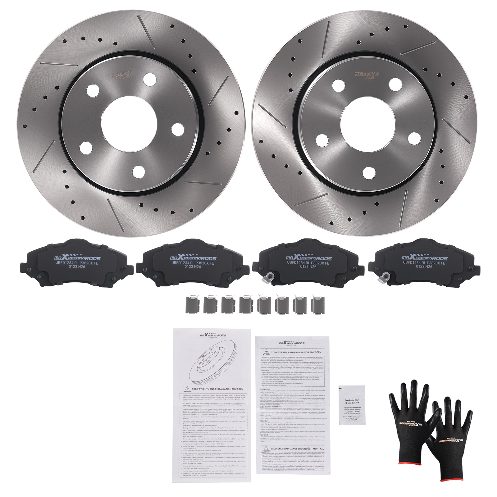 Front Drilled Slotted Brake Rotors with Pads for Jeep Wrangler 2007-2018 D1273