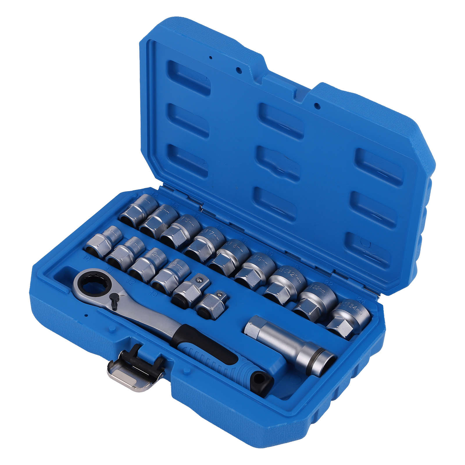 Juego Llaves Vaso CRV for Taller 10-24mm con Carraca Pasante 17 Piezas