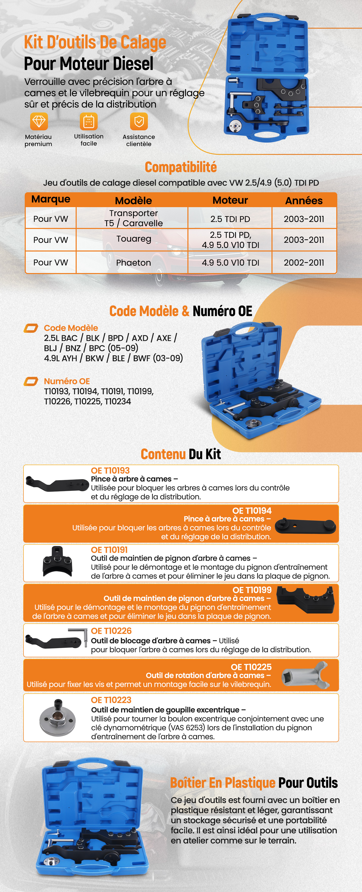 DR TOOLS Outil De Réglage Moteur VW Transporter T5 - Kit Blocage Arbre à Cames Pour 2.5 4.9 5.0 TDI