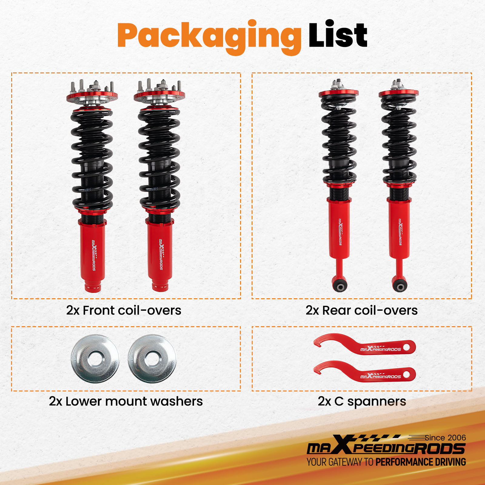 MaXpeedingrods Adjustable Coilover Kit With Control Arms For Honda Accord 2003-2007 – Lowering Kit