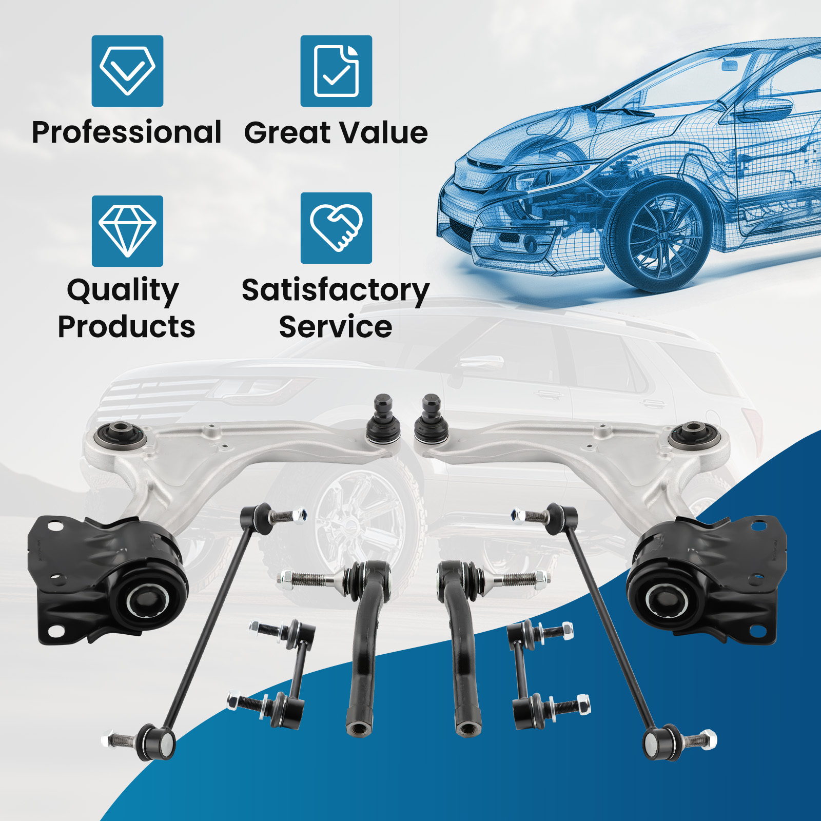 10-Piece Front Suspension Kit For Ford Fusion / Lincoln MKZ (2013-2018) - Control Arms, Tie Rods, Sway Bar Links