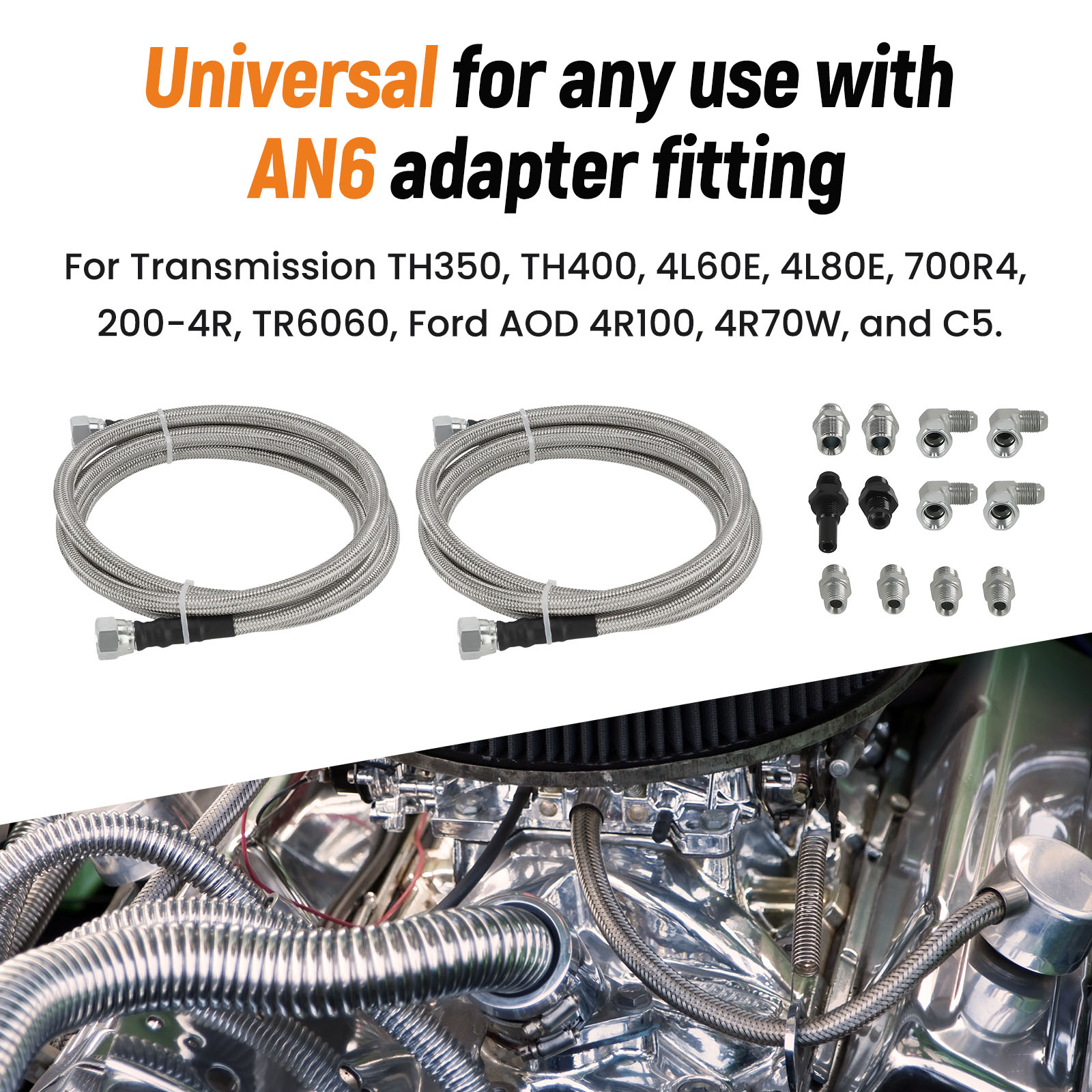 thumbnail image 2 of 6AN Transmission Oil Cooler Line Kit - 70" Stainless Steel Braided PTFE Hoses W/ Adapters For GM, Ford, & More 2 of 14