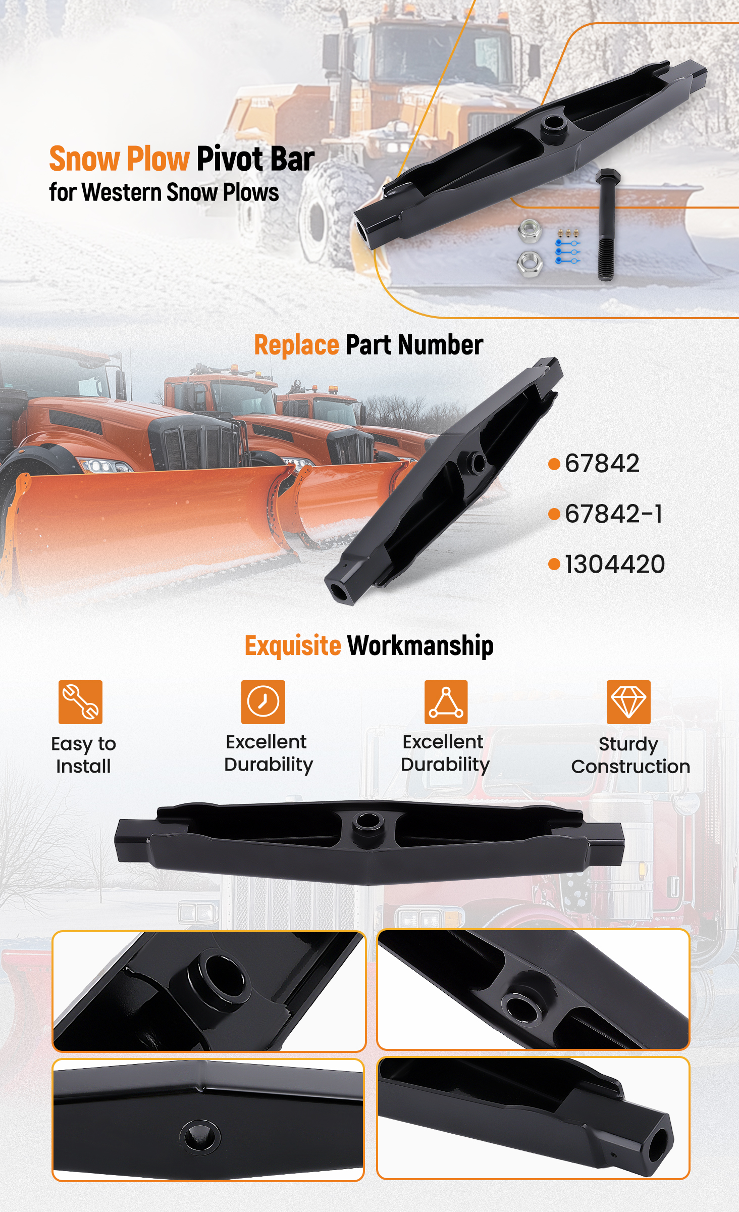 Snow Plow Pivot Bar&Bolt Fit for Western Snow Plows 67842 67842-1 1304420