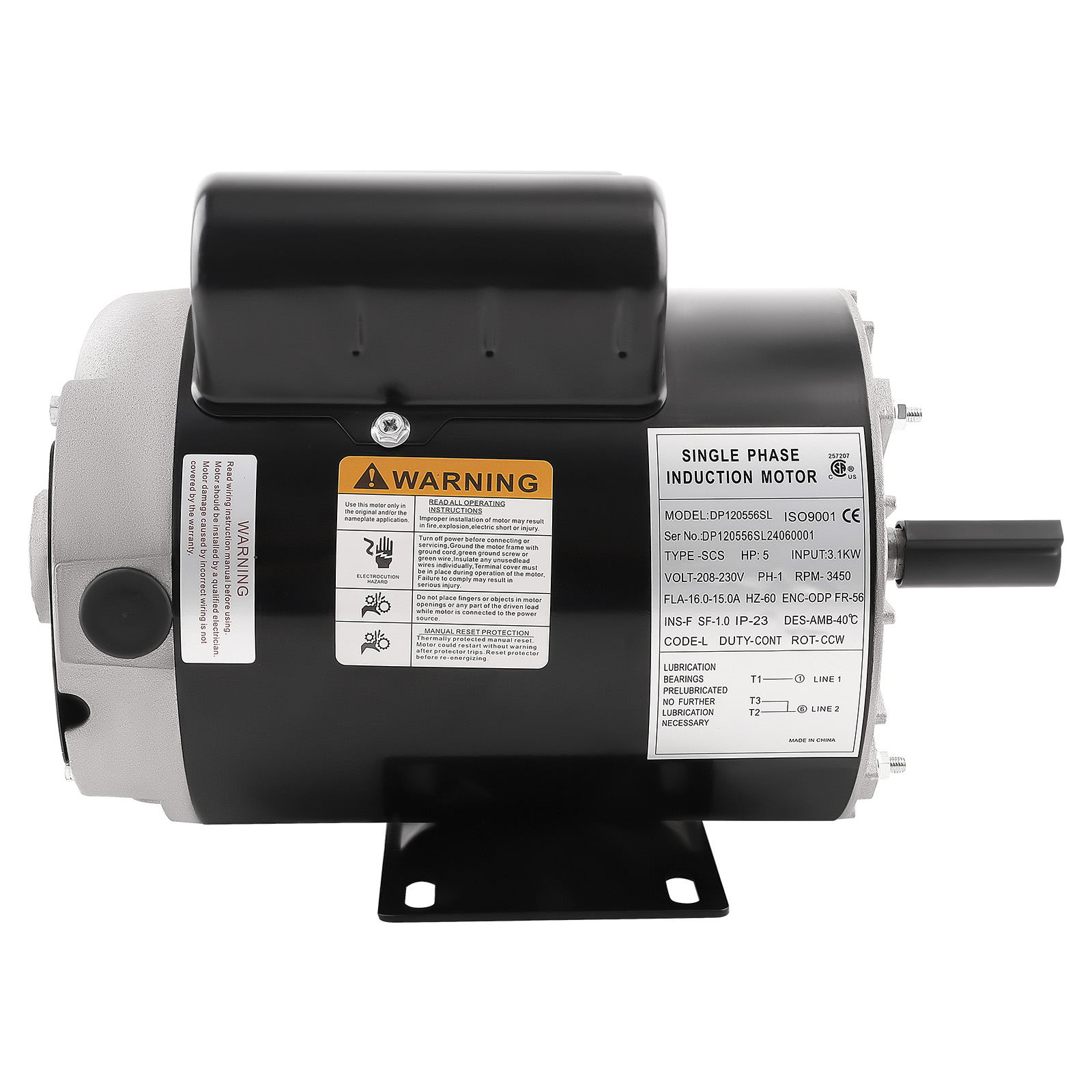 5HP SPL Air Compressor Motor 230V 3450RPM 56 Frame CCW Rotation 5/8